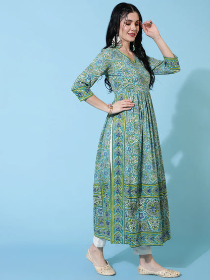 Cotton Calf Length Semi Flared 3/4 Sleeve Printed V-Neck Kurta