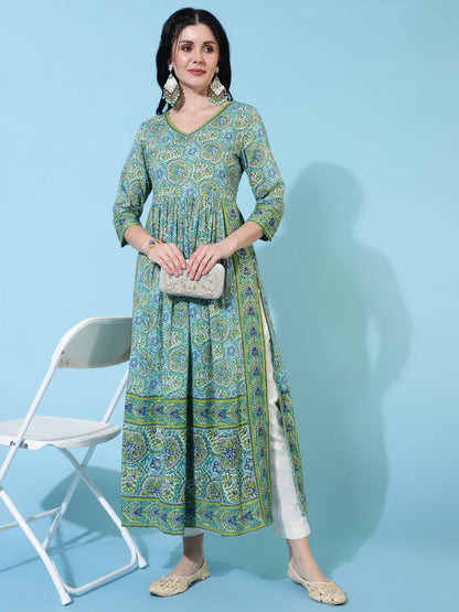 Cotton Calf Length Semi Flared 3/4 Sleeve Printed V-Neck Kurta