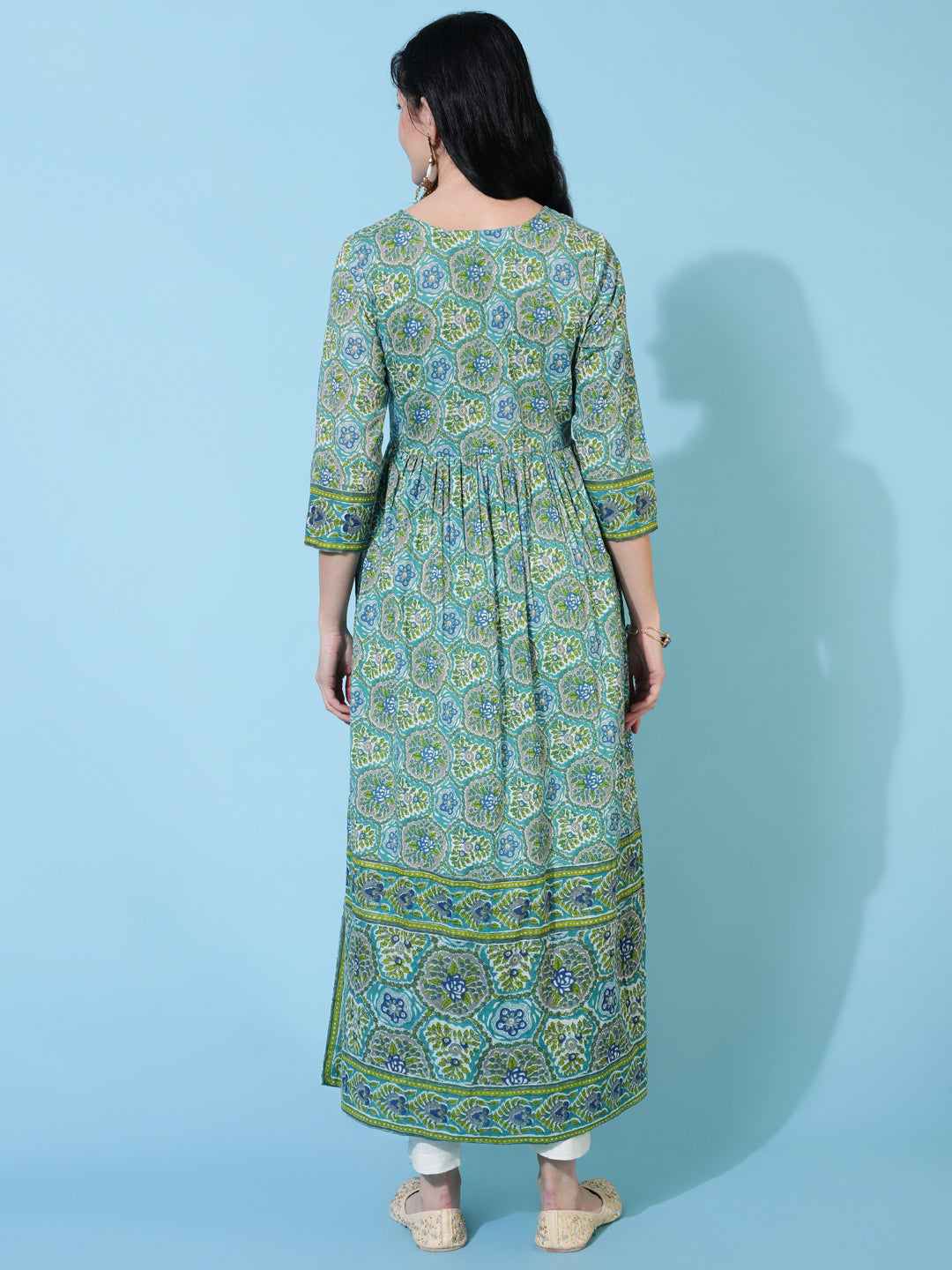 Cotton Calf Length Semi Flared 3/4 Sleeve Printed V-Neck Kurta