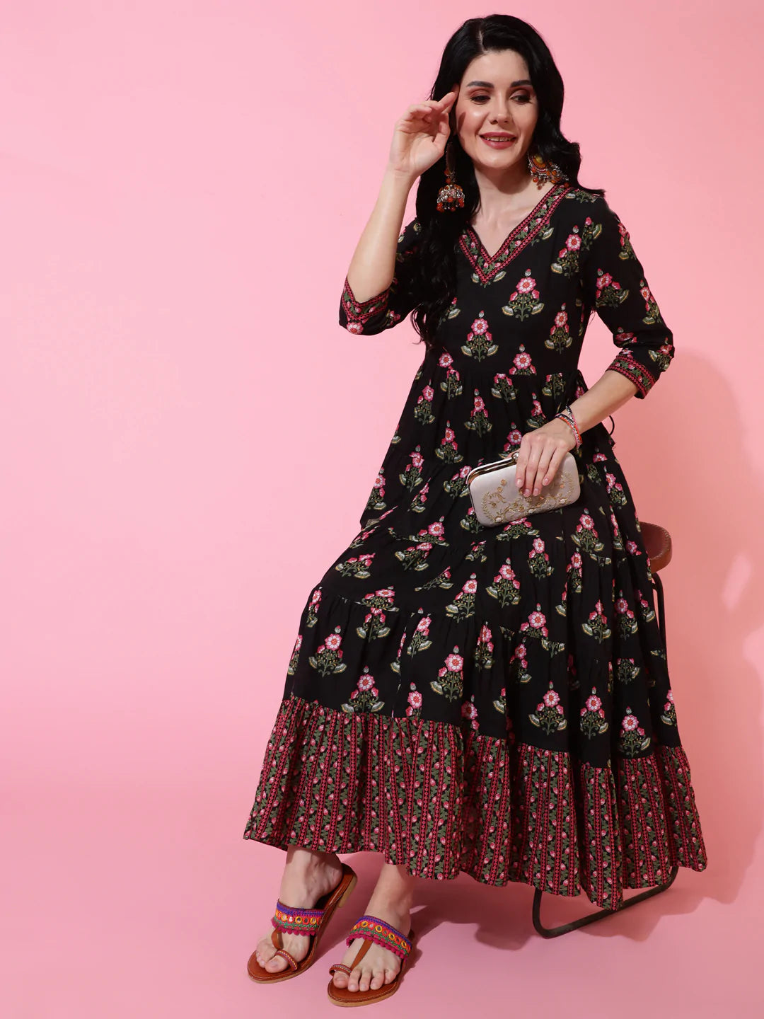 Cotton Calf Length Flared 3/4 Sleeve Printed V-Neck Kurta