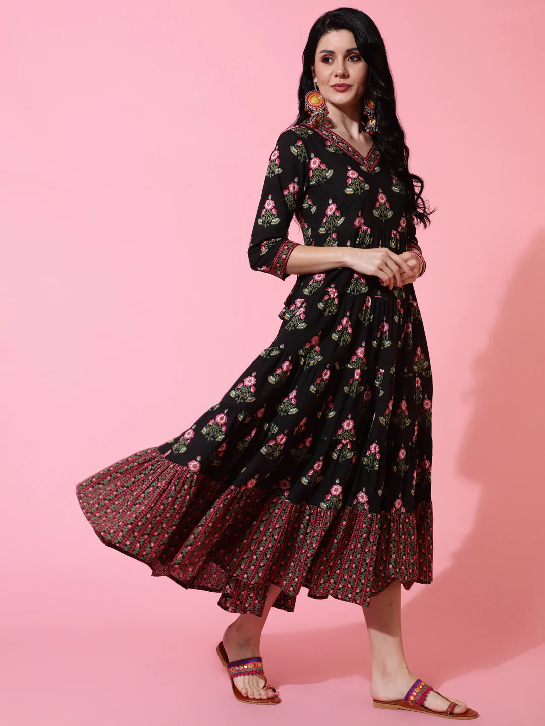 Cotton Calf Length Flared 3/4 Sleeve Printed V-Neck Kurta