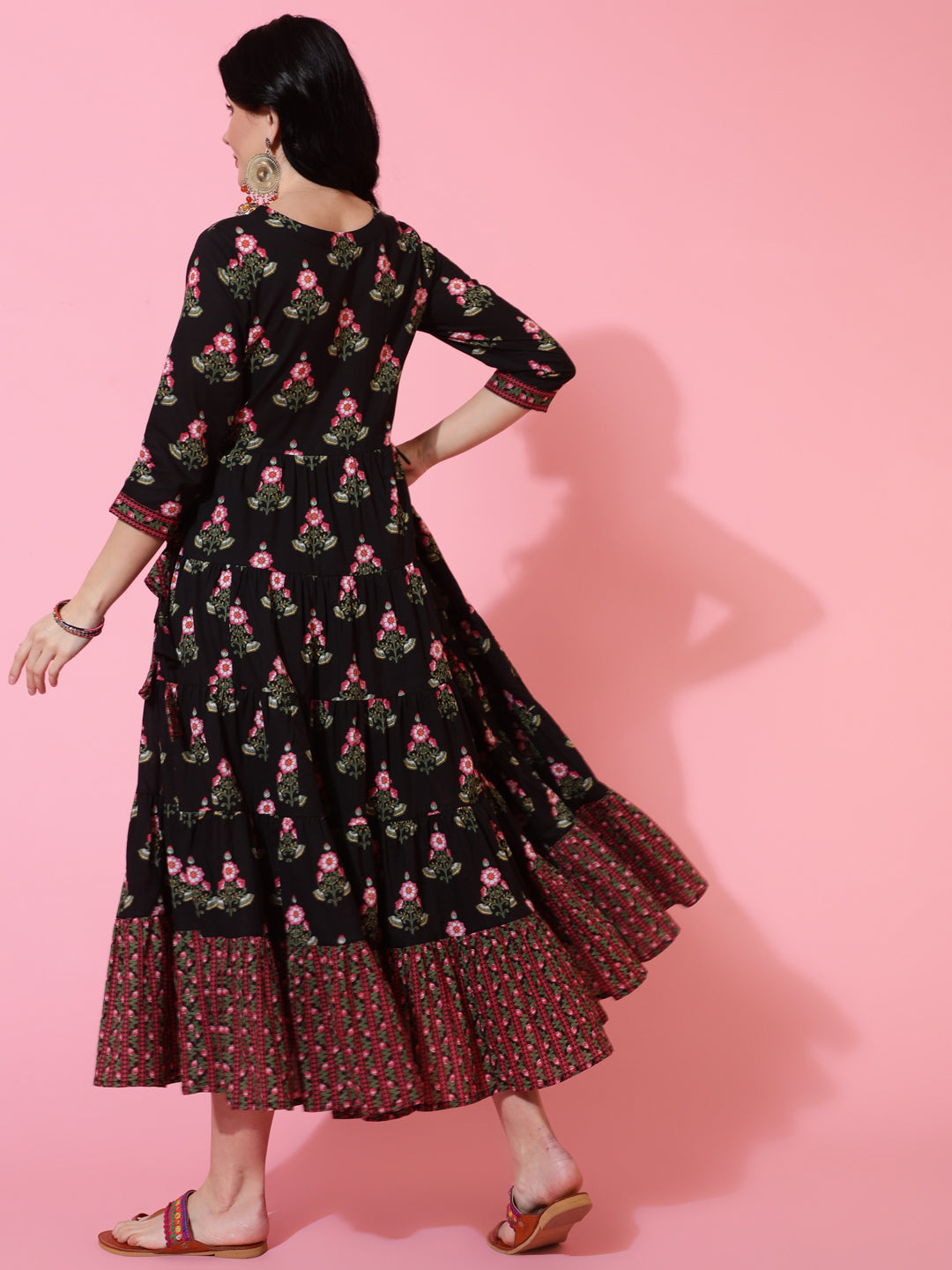 Cotton Calf Length Flared 3/4 Sleeve Printed V-Neck Kurta