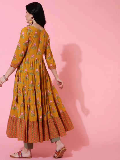 Cotton Calf Length Flared 3/4 Sleeve Printed V-Neck Kurta
