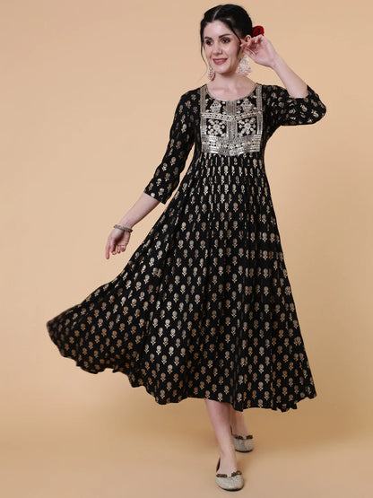 Rayon Calf Length Flared 3/4 Sleeve Printed Round Neck Kurta