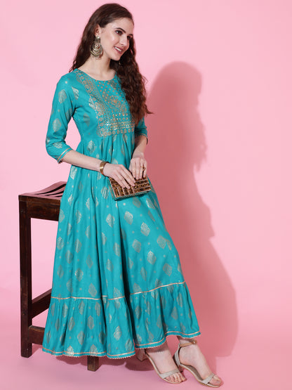 Rayon Printed Calf Length Flared 3/4 Sleeve Round Kurta