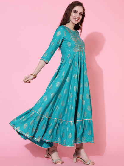 Rayon Printed Calf Length Flared 3/4 Sleeve Round Kurta