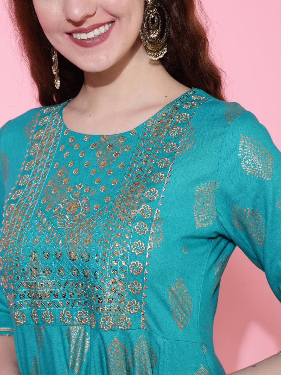 Rayon Printed Calf Length Flared 3/4 Sleeve Round Kurta