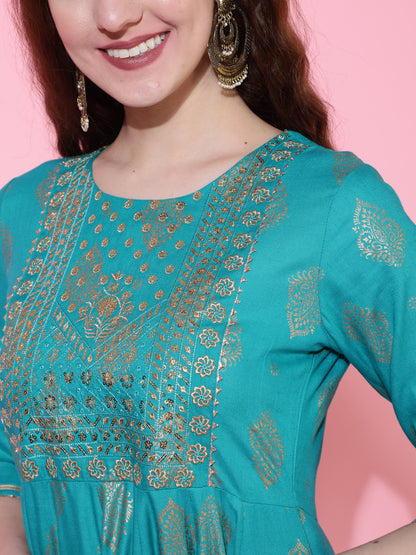 Rayon Printed Calf Length Flared 3/4 Sleeve Round Kurta