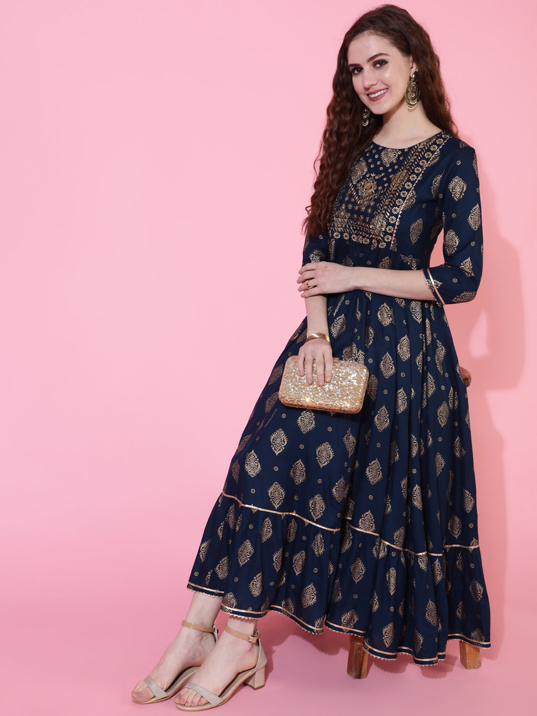 Rayon Printed Calf Length Flared 3/4 Sleeve Round Kurta