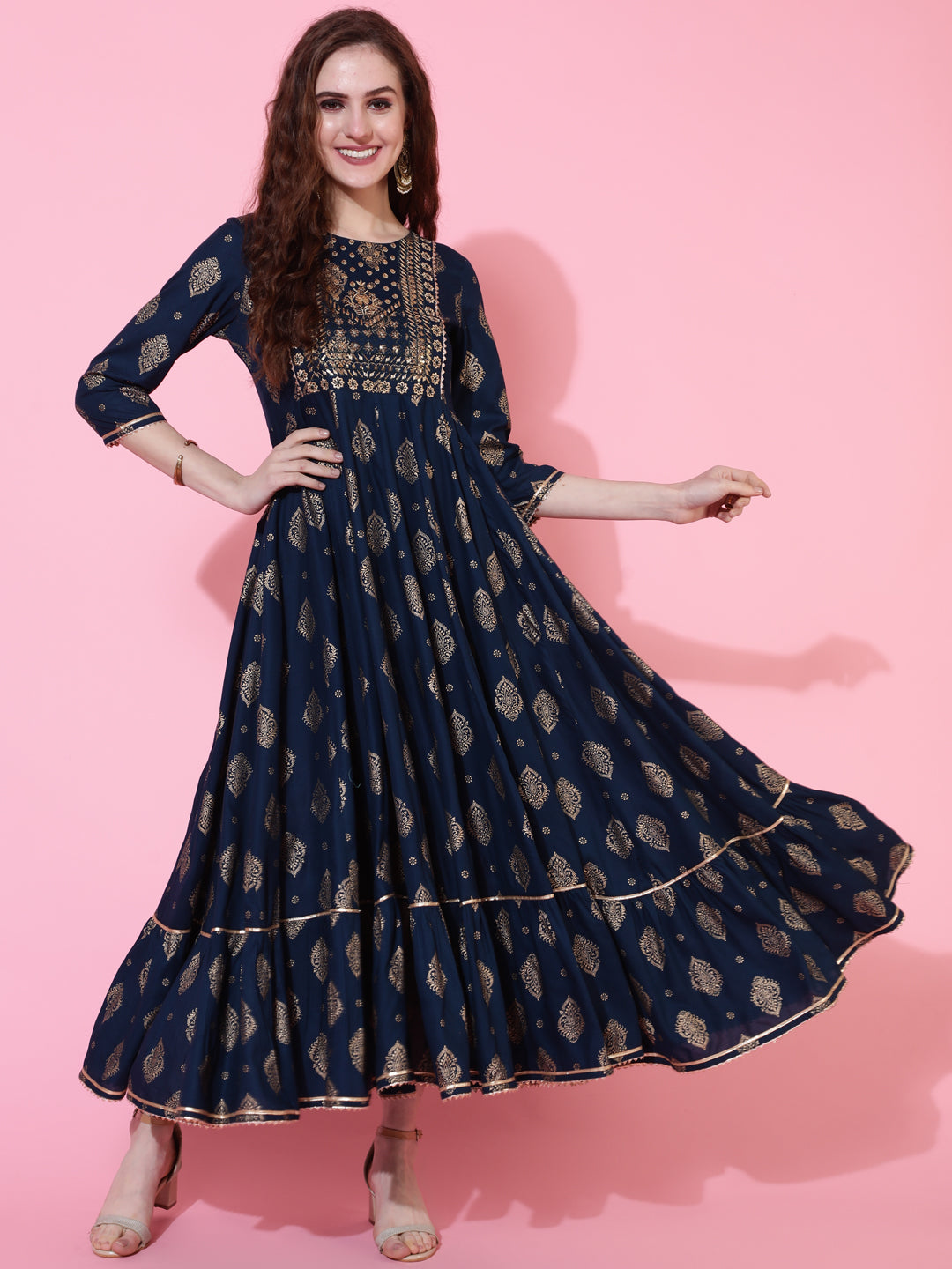 Rayon Printed Calf Length Flared 3/4 Sleeve Round Kurta