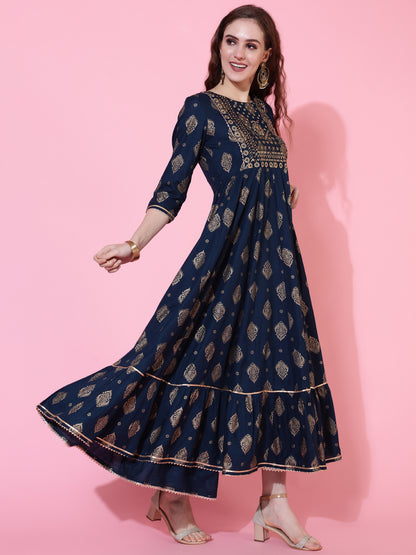 Rayon Printed Calf Length Flared 3/4 Sleeve Round Kurta