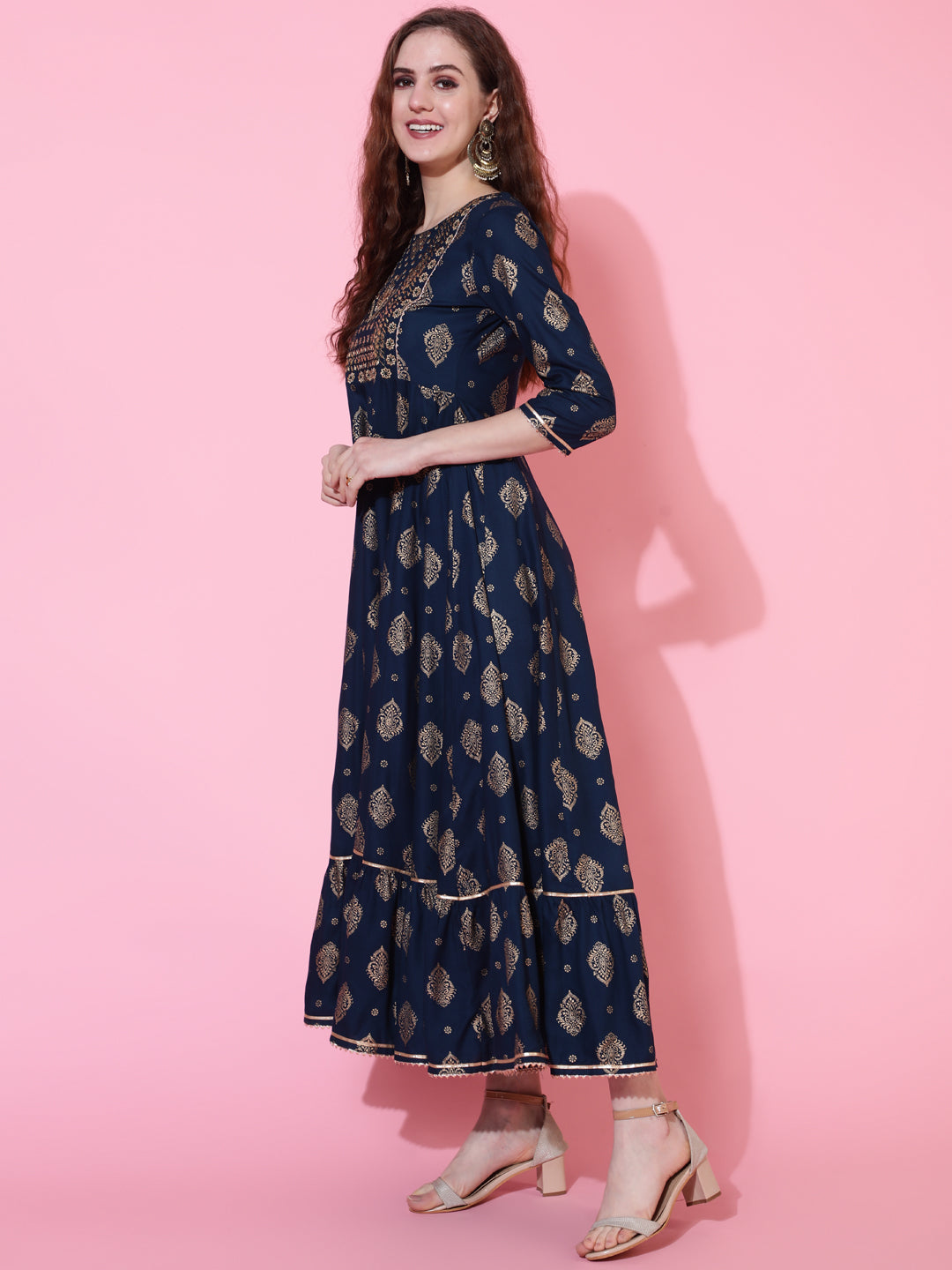 Rayon Printed Calf Length Flared 3/4 Sleeve Round Kurta