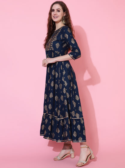 Rayon Printed Calf Length Flared 3/4 Sleeve Round Kurta