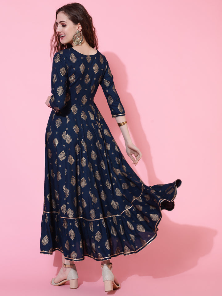 Rayon Printed Calf Length Flared 3/4 Sleeve Round Kurta