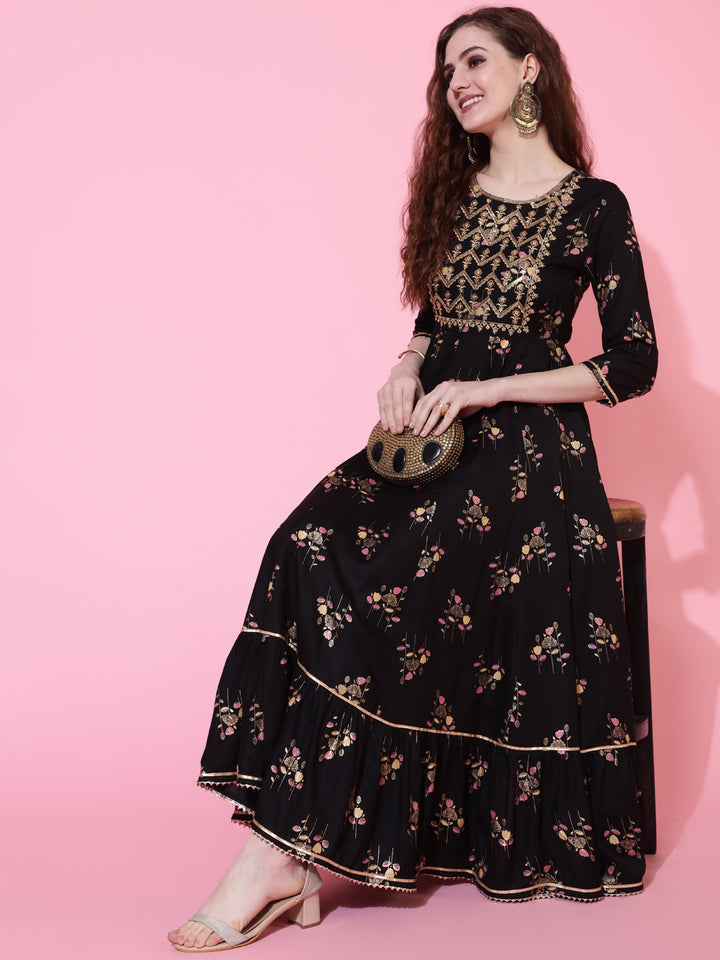 Rayon Printed Ankle Length Flared 3/4 Sleeve Round Kurta