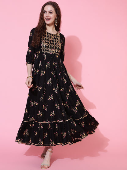 Rayon Printed Ankle Length Flared 3/4 Sleeve Round Kurta
