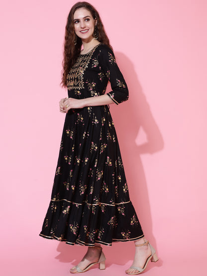 Rayon Printed Ankle Length Flared 3/4 Sleeve Round Kurta