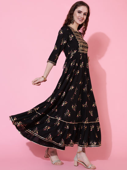Rayon Printed Ankle Length Flared 3/4 Sleeve Round Kurta