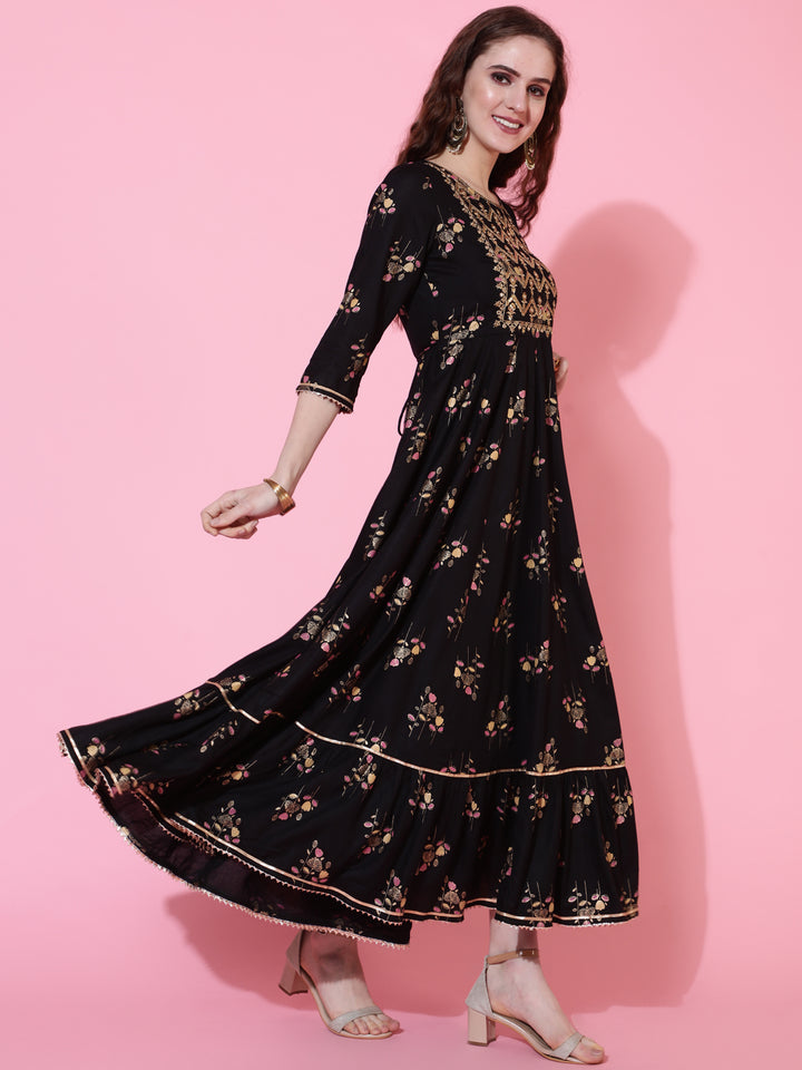 Rayon Printed Ankle Length Flared 3/4 Sleeve Round Kurta