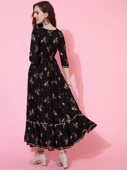 Rayon Printed Ankle Length Flared 3/4 Sleeve Round Kurta