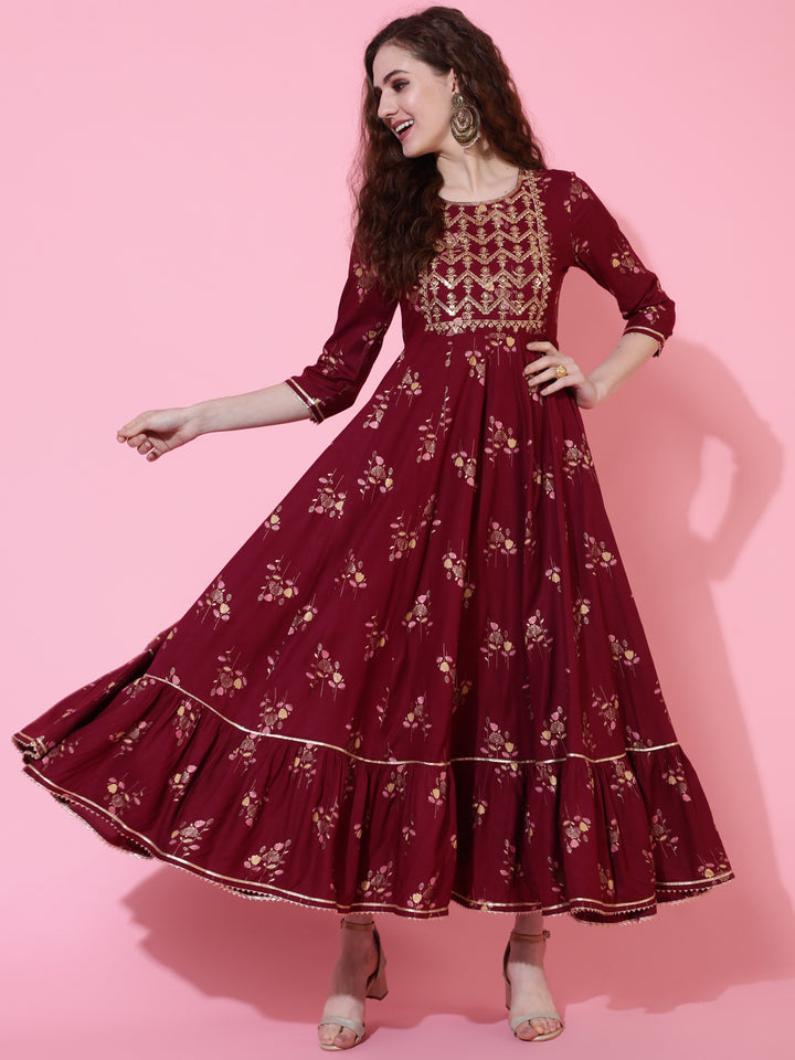 Rayon Printed Ankle Length Flared 3/4 Sleeve Round Kurta