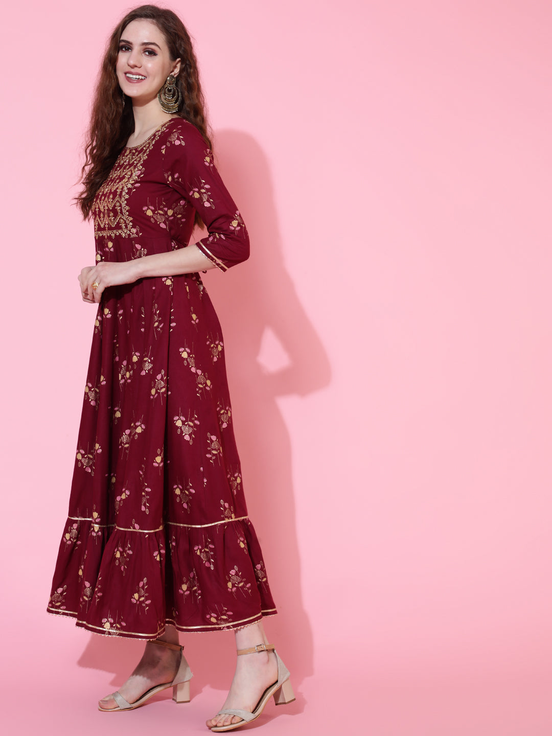 Rayon Printed Ankle Length Flared 3/4 Sleeve Round Kurta