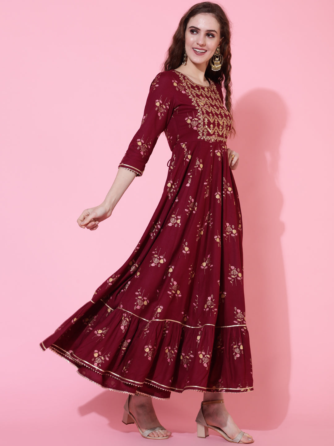 Rayon Printed Ankle Length Flared 3/4 Sleeve Round Kurta