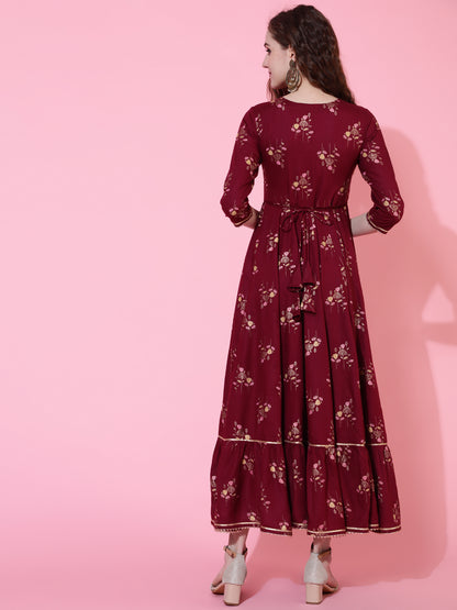 Rayon Printed Ankle Length Flared 3/4 Sleeve Round Kurta