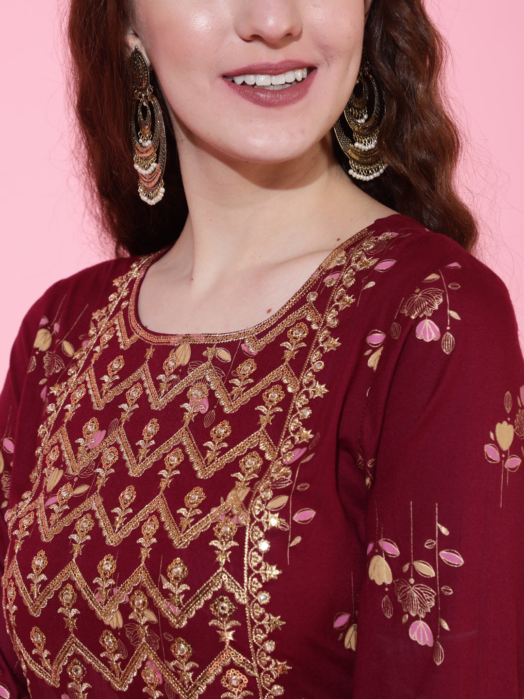 Rayon Printed Ankle Length Flared 3/4 Sleeve Round Kurta