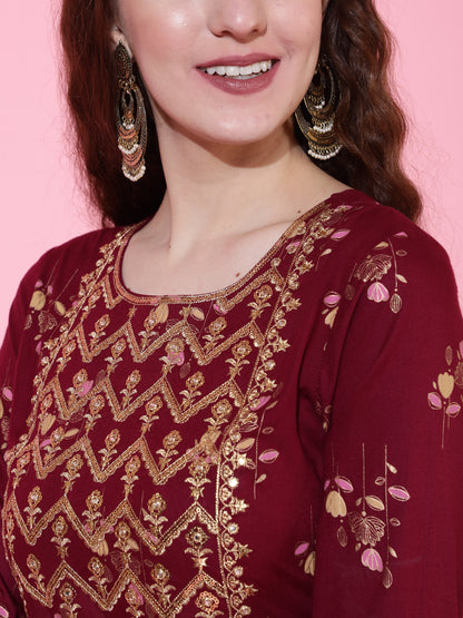 Rayon Printed Ankle Length Flared 3/4 Sleeve Round Kurta