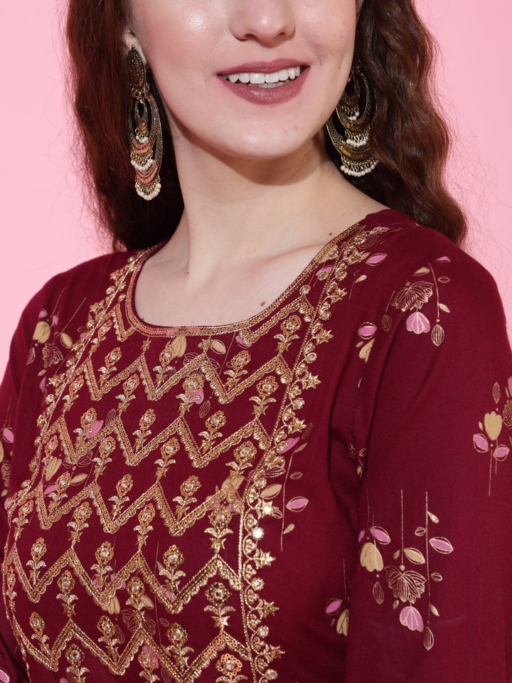 Rayon Printed Ankle Length Flared 3/4 Sleeve Round Kurta