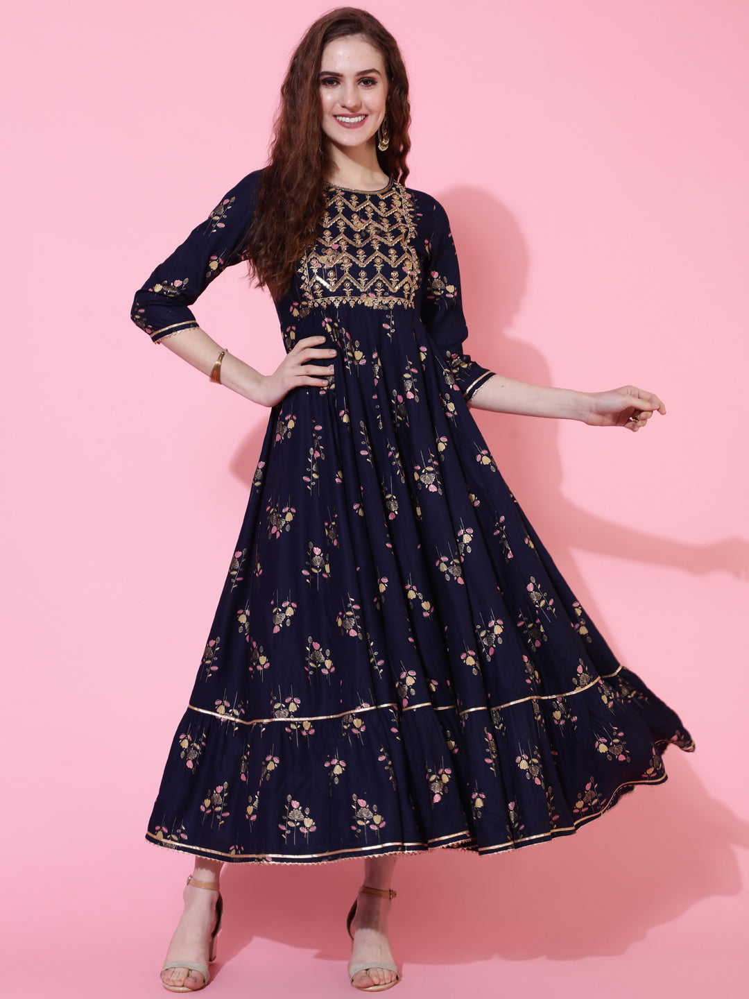 Rayon Printed Ankle Length Flared 3/4 Sleeve Round Kurta