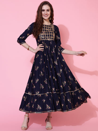 Rayon Printed Ankle Length Flared 3/4 Sleeve Round Kurta