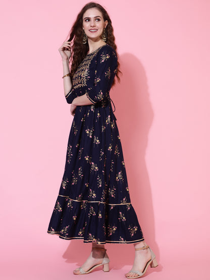 Rayon Printed Ankle Length Flared 3/4 Sleeve Round Kurta