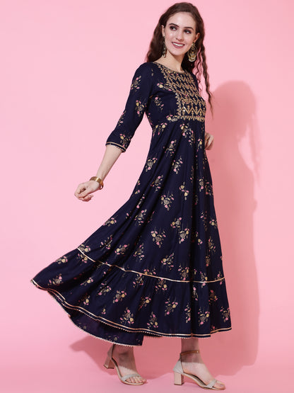 Rayon Printed Ankle Length Flared 3/4 Sleeve Round Kurta