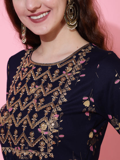 Rayon Printed Ankle Length Flared 3/4 Sleeve Round Kurta