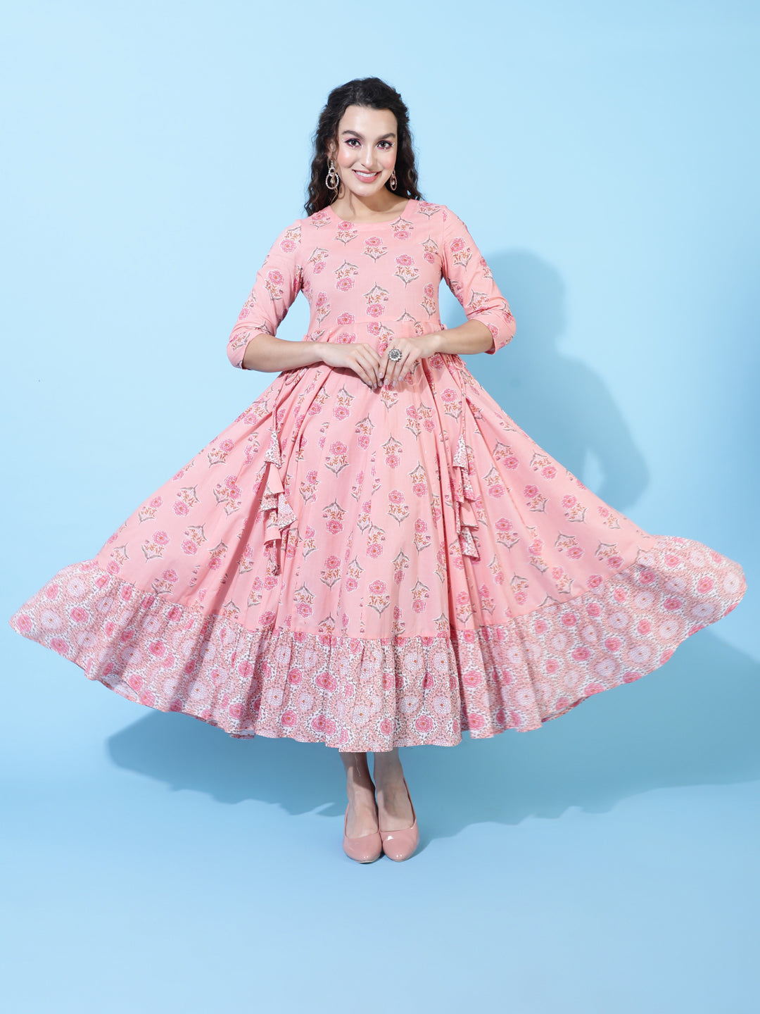 Cotton Calf  Printed Flared 3/4 Sleeve Round Kurta