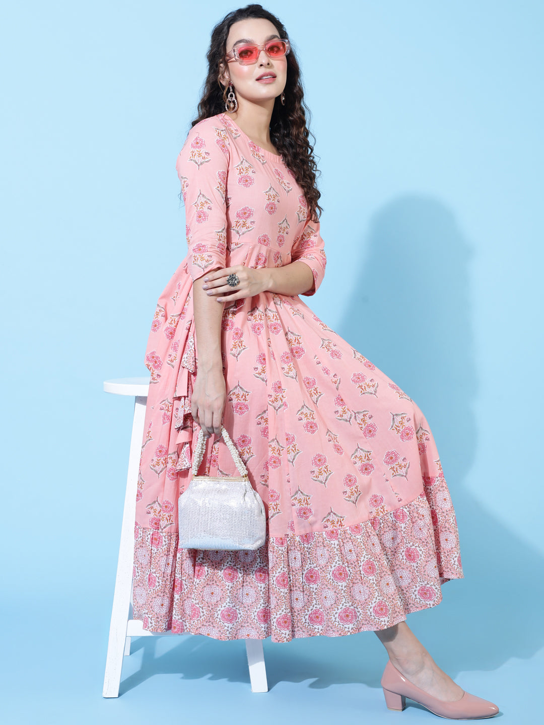 Cotton Calf  Printed Flared 3/4 Sleeve Round Kurta