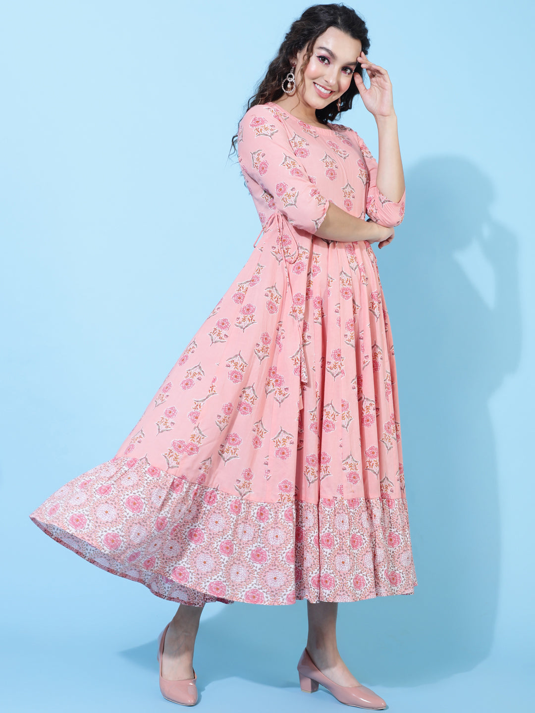 Cotton Calf  Printed Flared 3/4 Sleeve Round Kurta