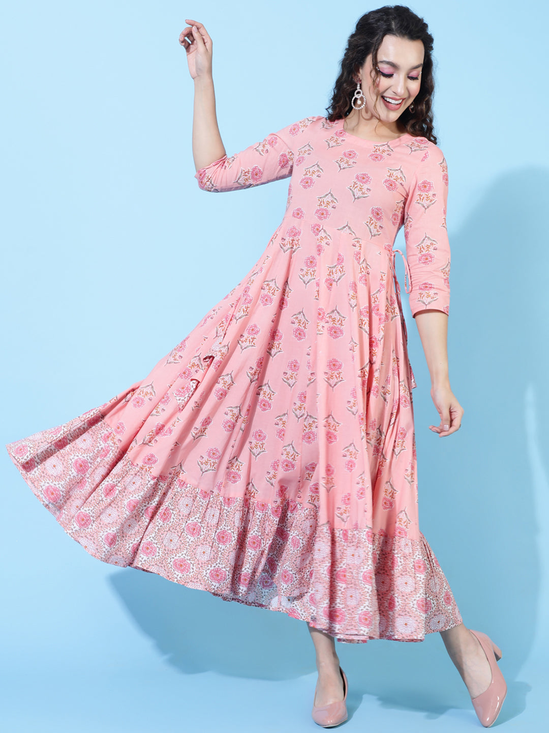 Cotton Calf  Printed Flared 3/4 Sleeve Round Kurta