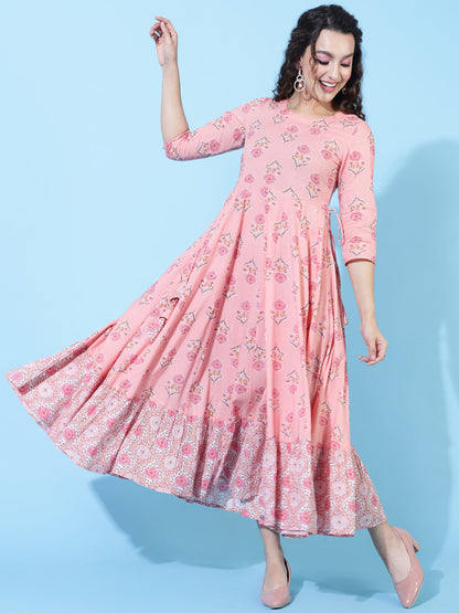 Cotton Calf  Printed Flared 3/4 Sleeve Round Kurta