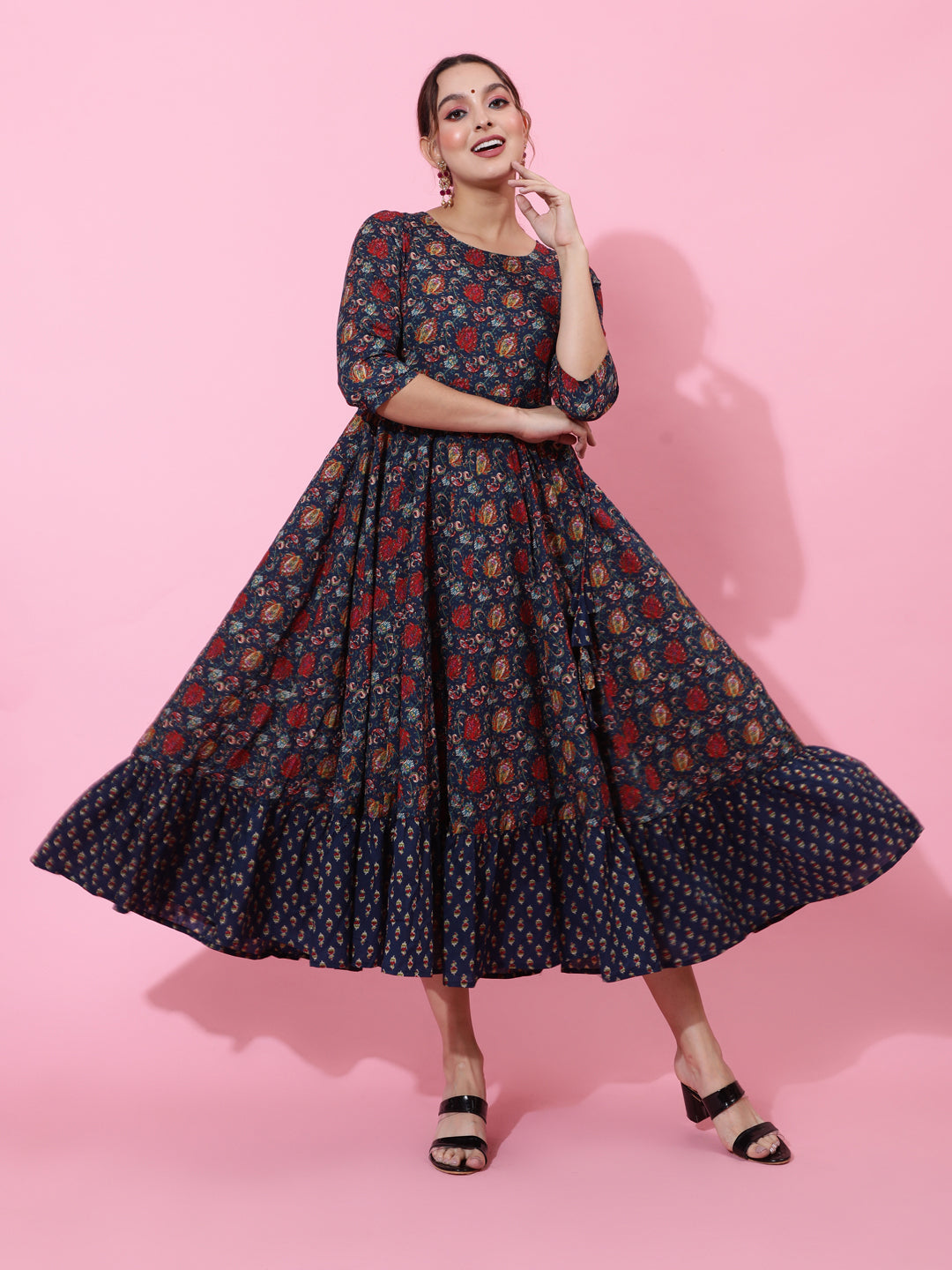 Cotton Calf Printed Flared 3/4 Sleeve Round Kurta