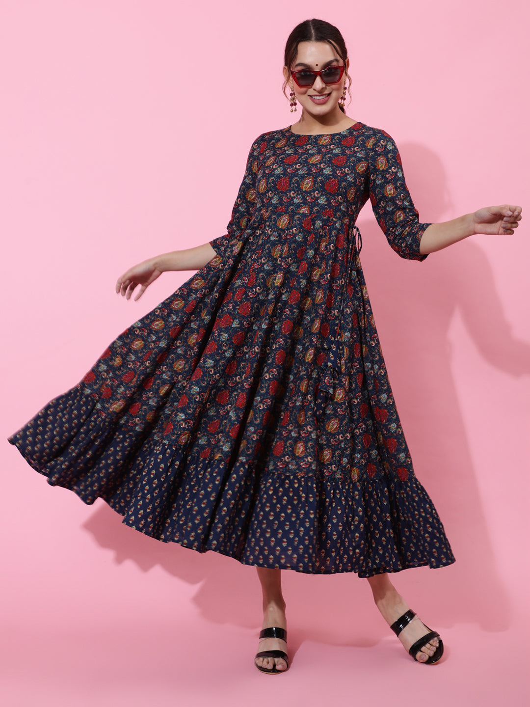 Cotton Calf Printed Flared 3/4 Sleeve Round Kurta