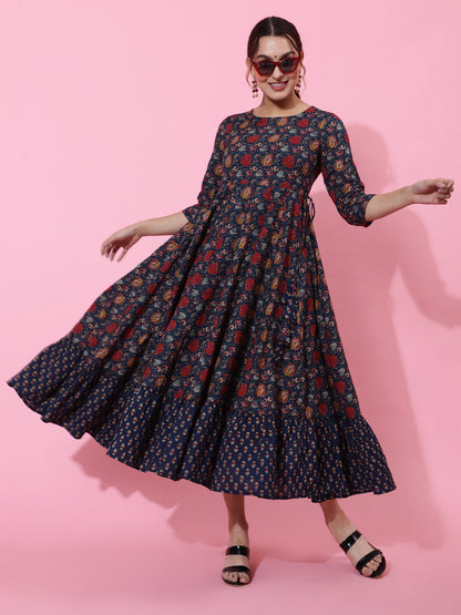 Cotton Calf Printed Flared 3/4 Sleeve Round Kurta