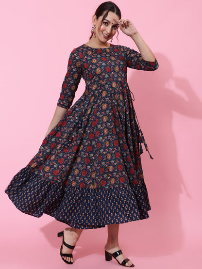 Cotton Calf Printed Flared 3/4 Sleeve Round Kurta