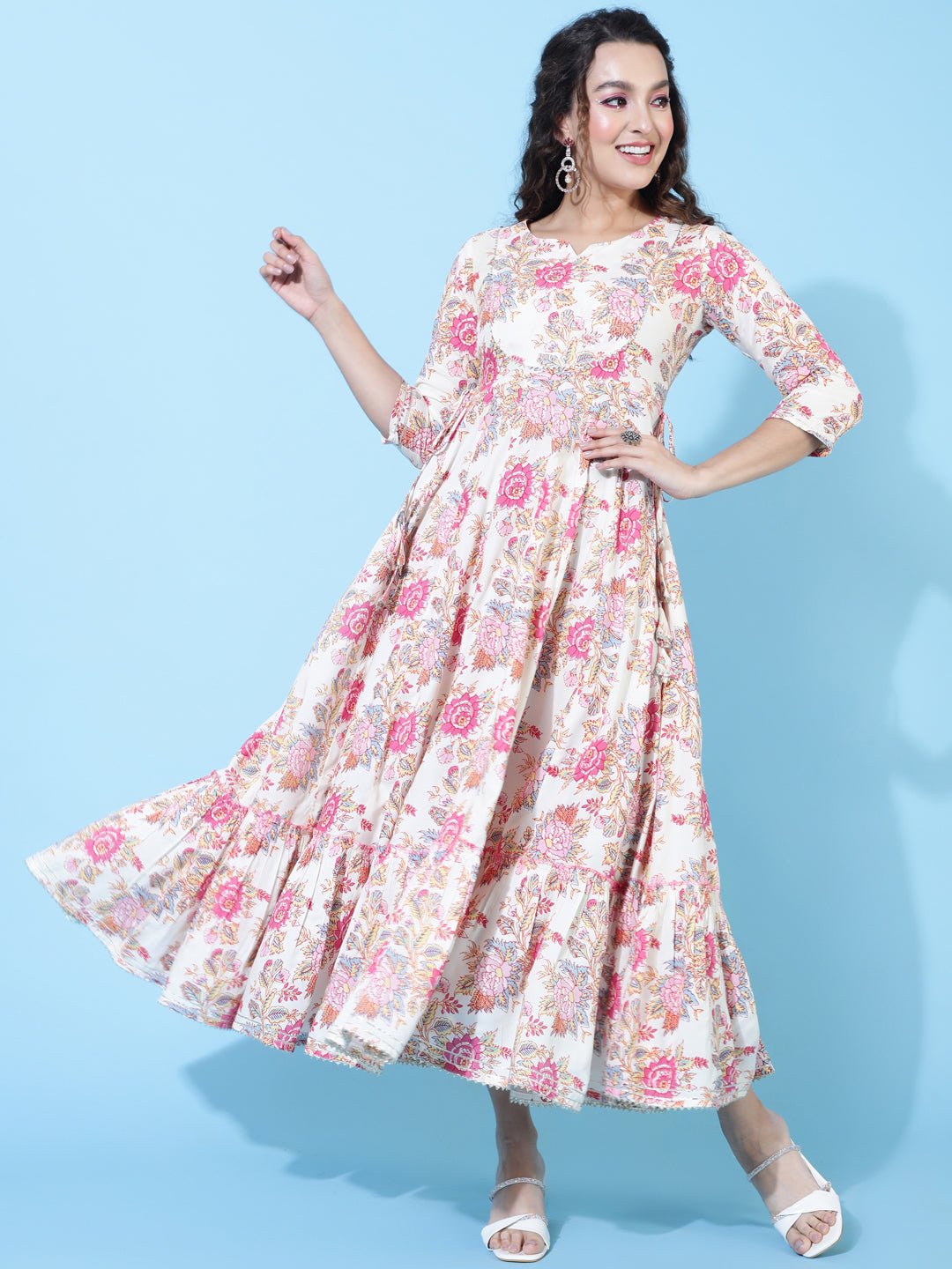 Rayon Calf Printed Flared 3/4 Sleeve Round Kurta