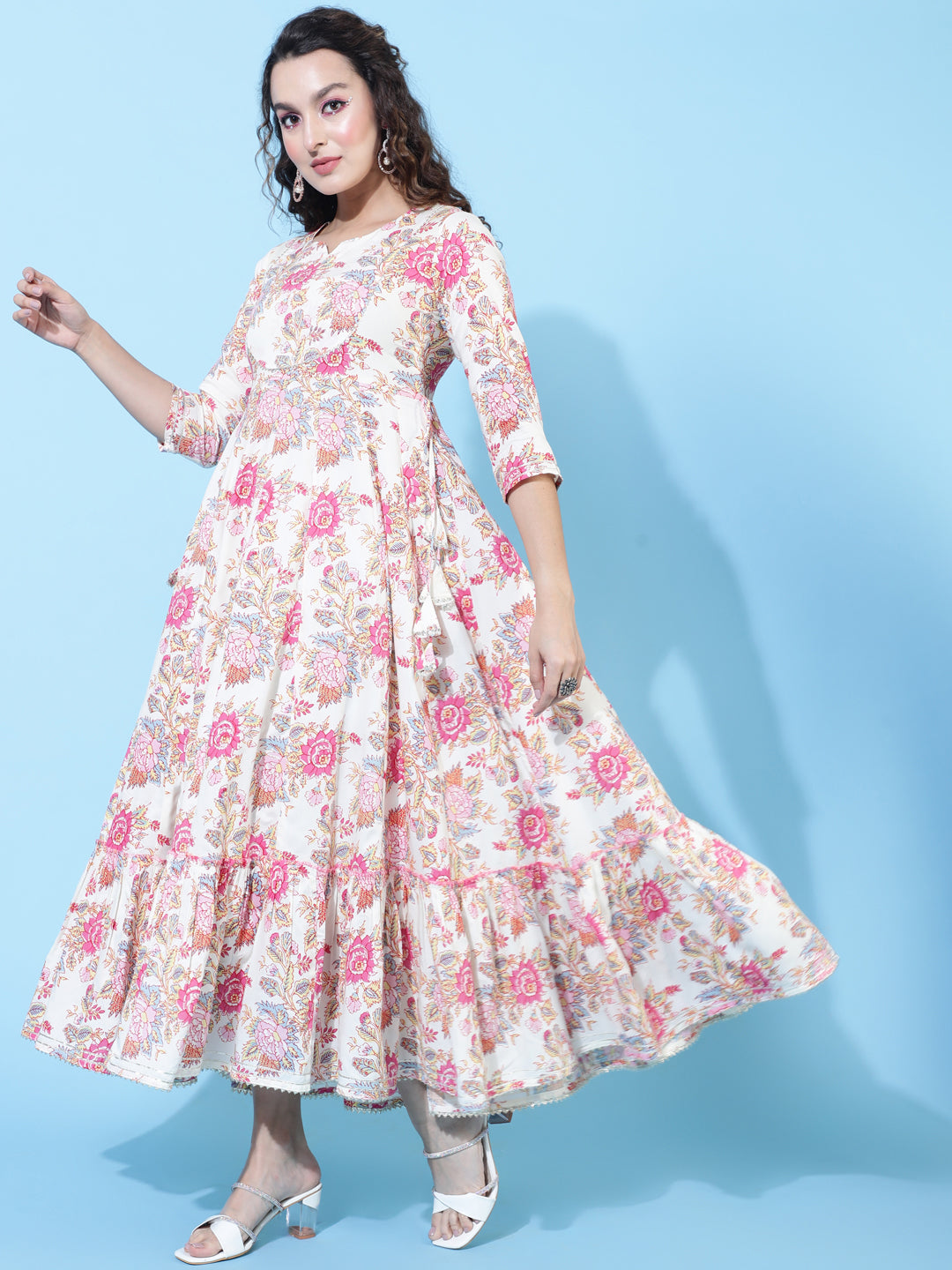 Rayon Calf Printed Flared 3/4 Sleeve Round Kurta