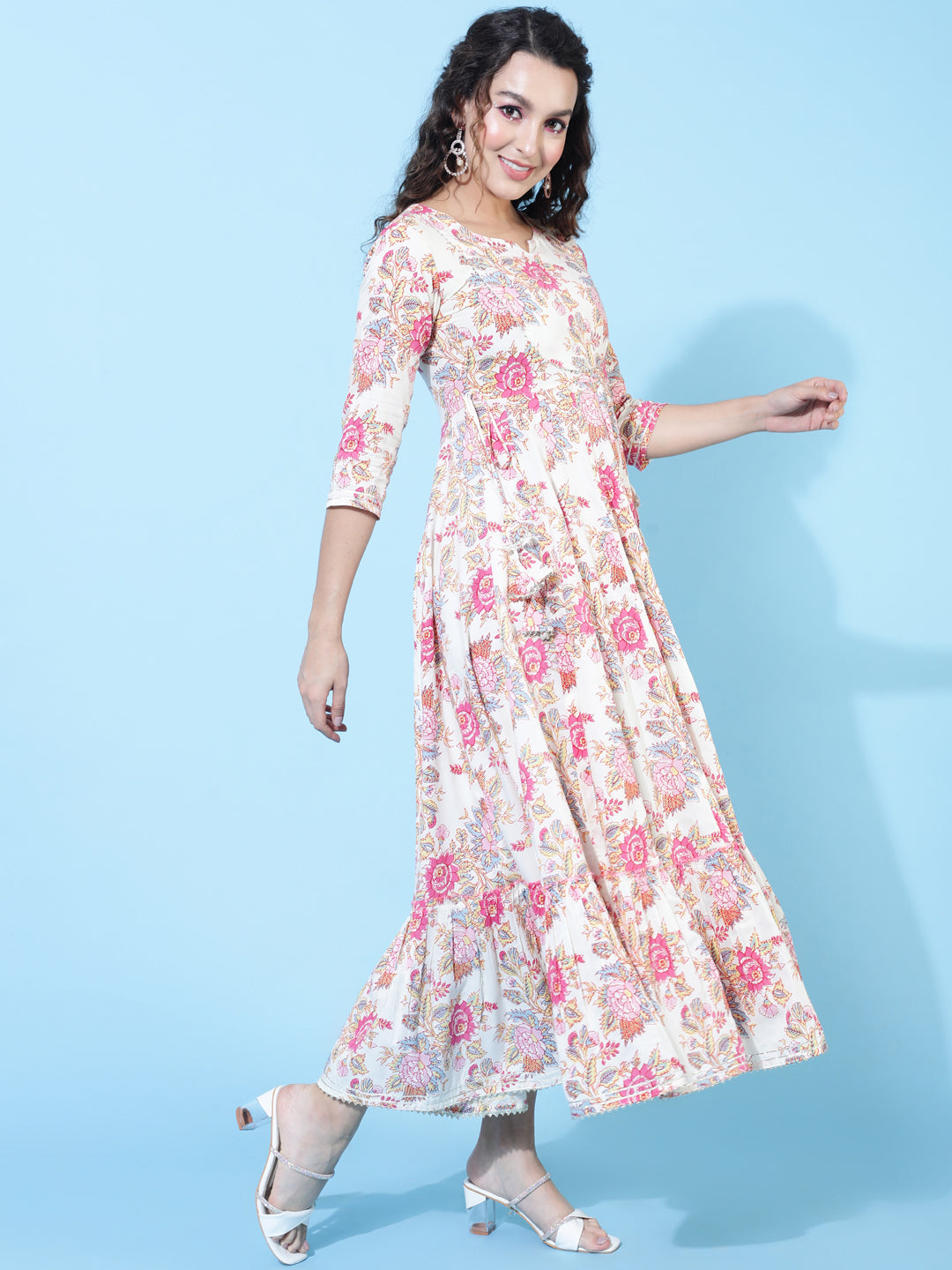 Rayon Calf Printed Flared 3/4 Sleeve Round Kurta