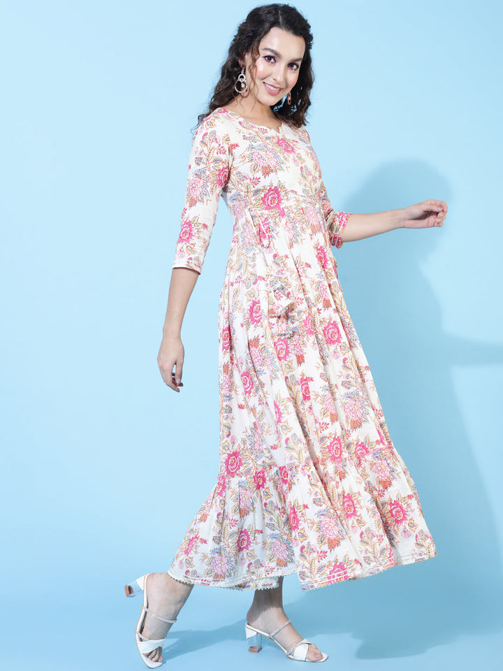 Rayon Calf Printed Flared 3/4 Sleeve Round Kurta