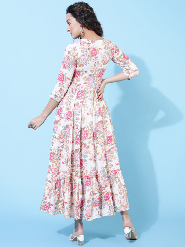 Rayon Calf Printed Flared 3/4 Sleeve Round Kurta